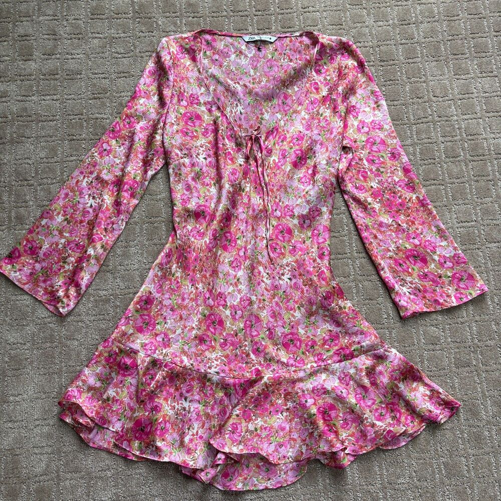 Zara Floral Print Mini Dress Women's L Pink Flounce Hem Lightweight Long Sleeve - Picture 3 of 10